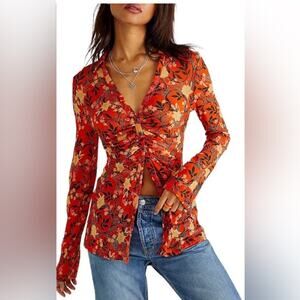 Free People Lucky Shirtee Orange Ruched Floral Long Sleeve Button Blouse Top XS
